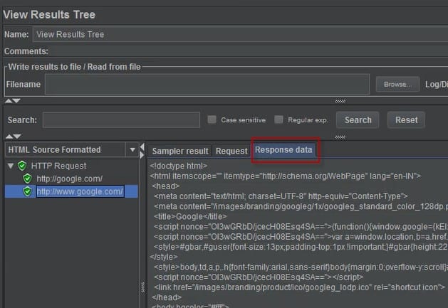 View Results Tree Response Data